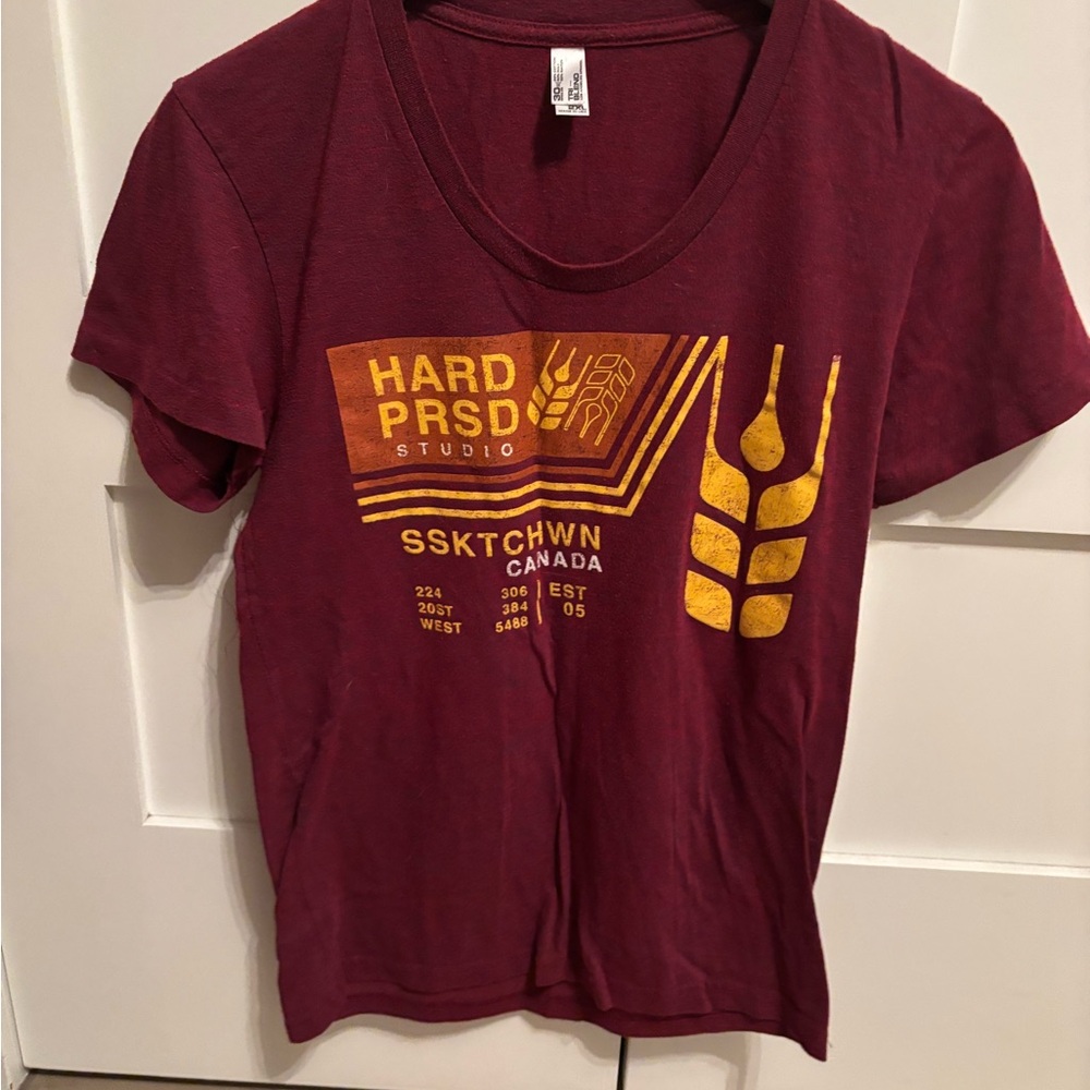 Burgundy Tee with Bold Yellow Graphic